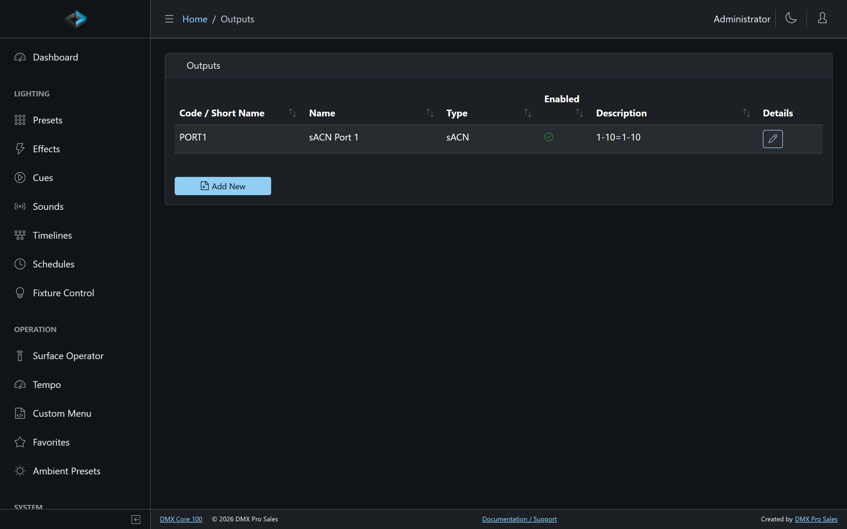 Outputs list in the Web UI