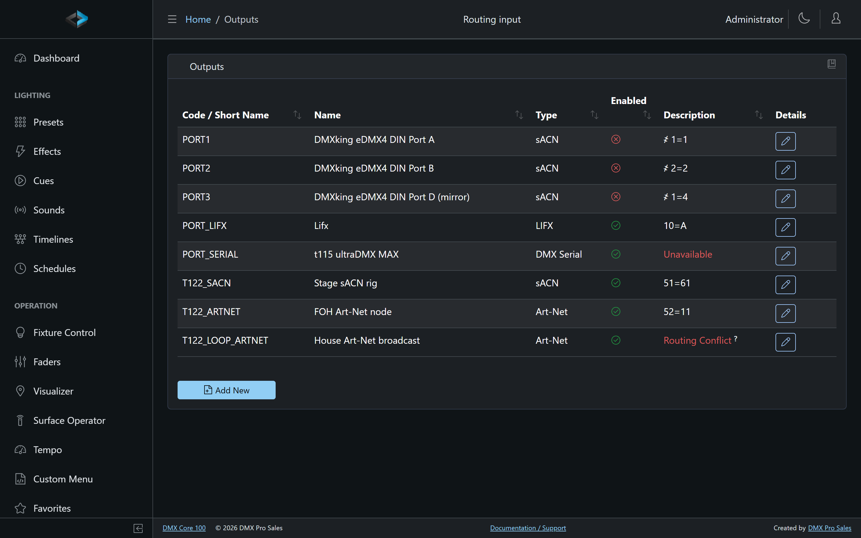 Outputs list with sACN outputs marked Routing Conflict