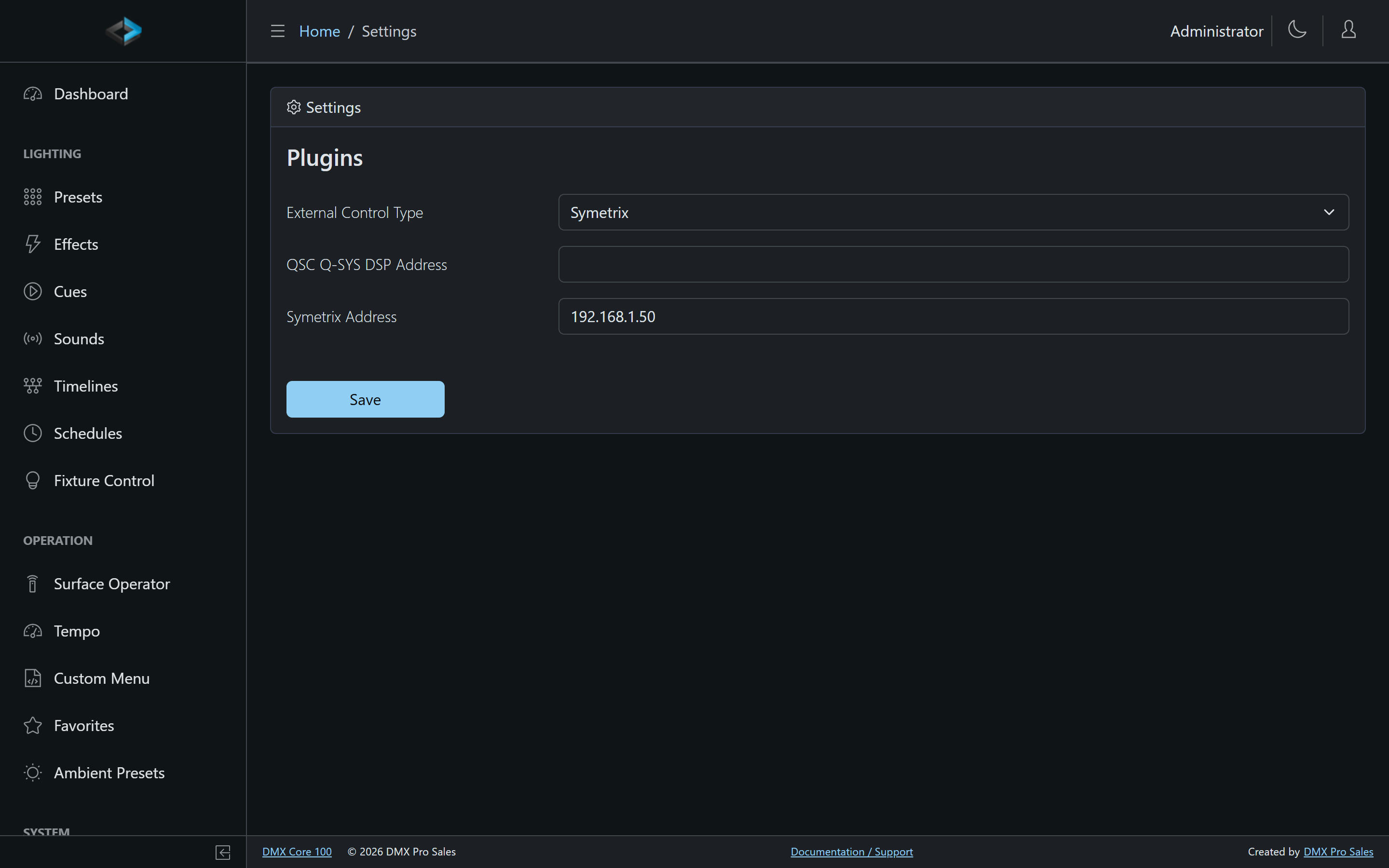 Plugins settings with the External Control Type and DSP address