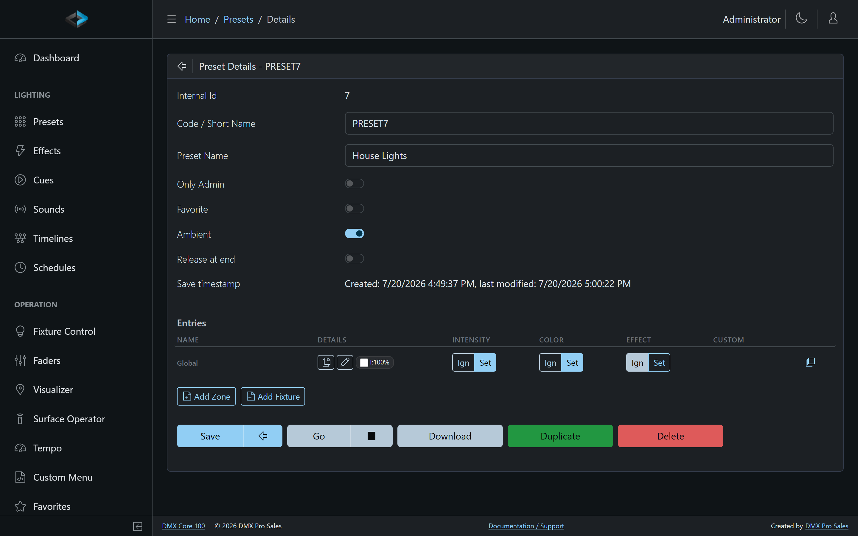 Preset editor — House Lights ambient preset with global intensity