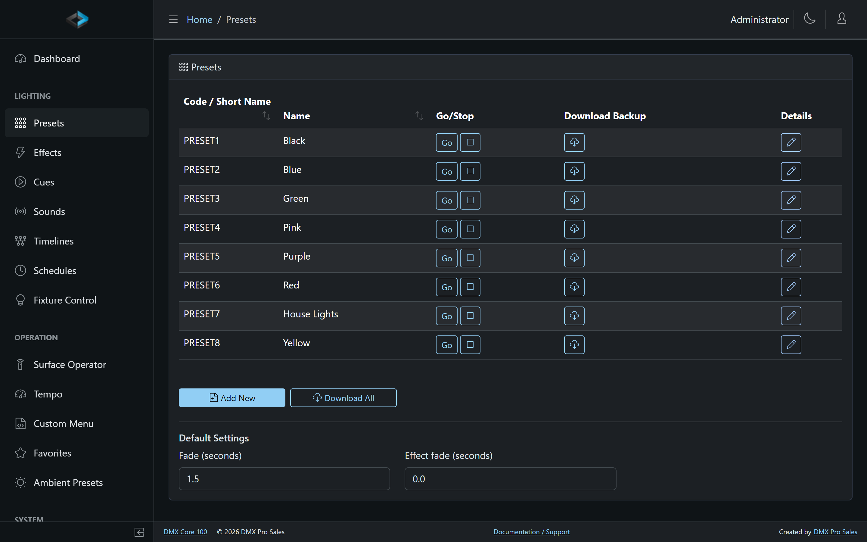 Presets list in the Web UI