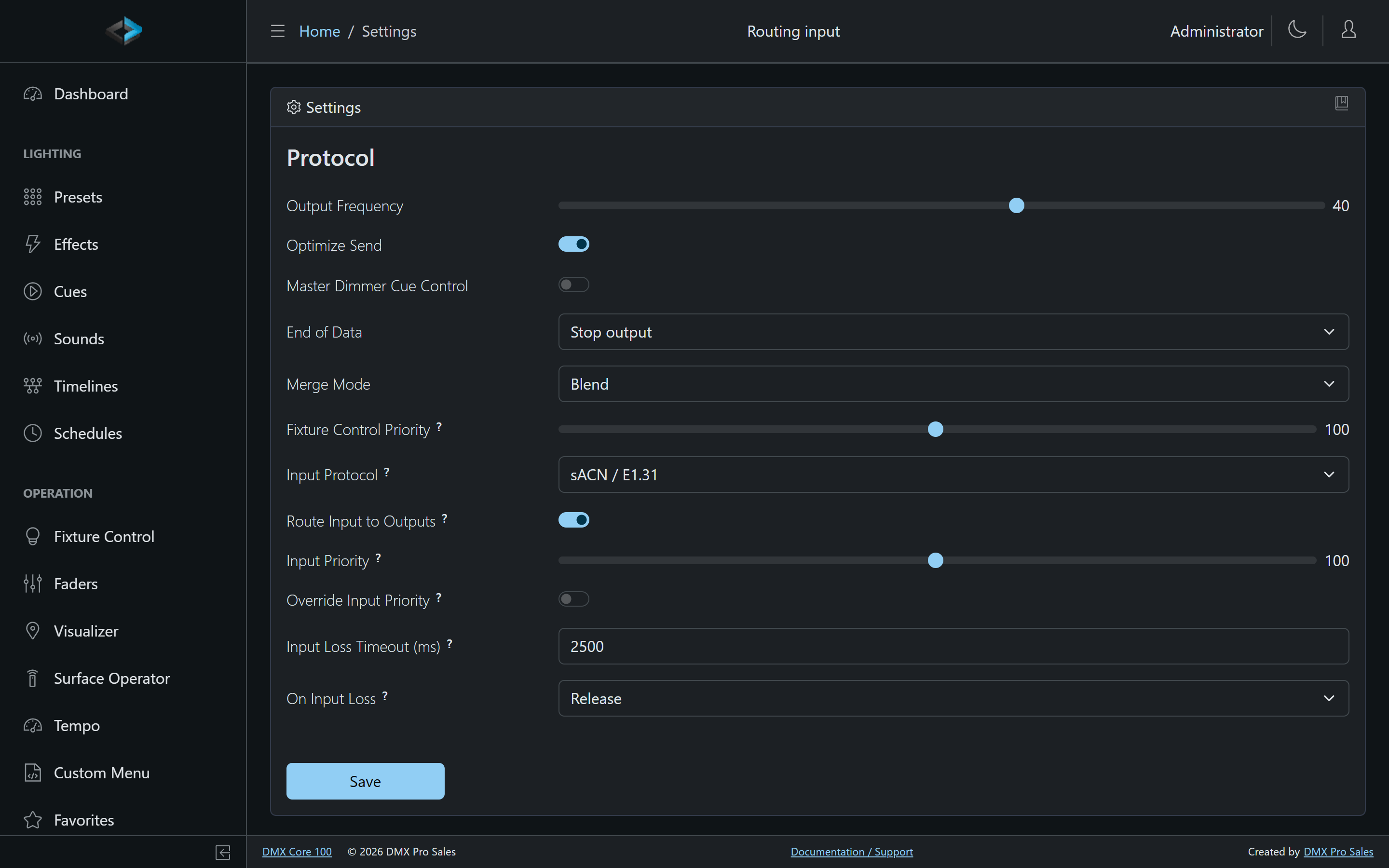 Protocol settings with the input and routing options