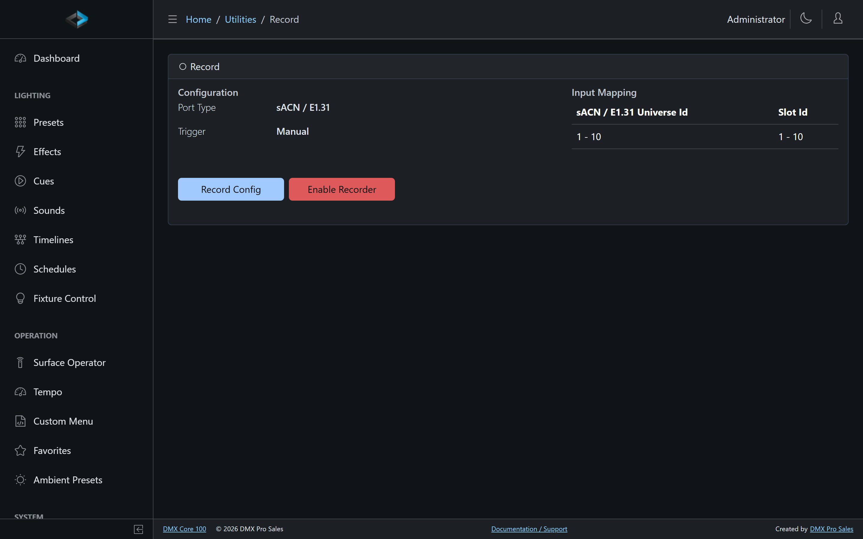Recording page with the input mapping