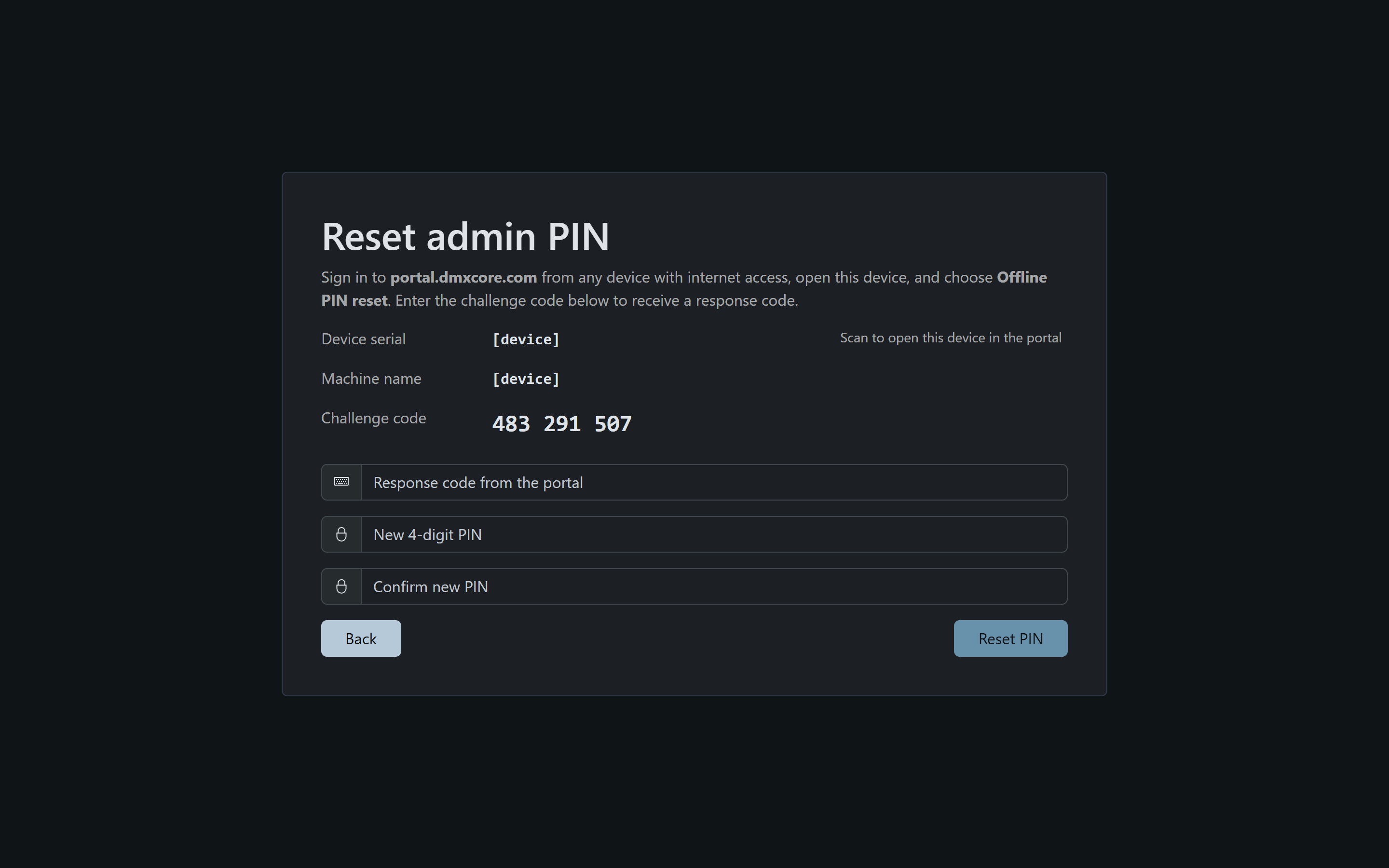 Reset admin PIN — challenge code, response, and new PIN