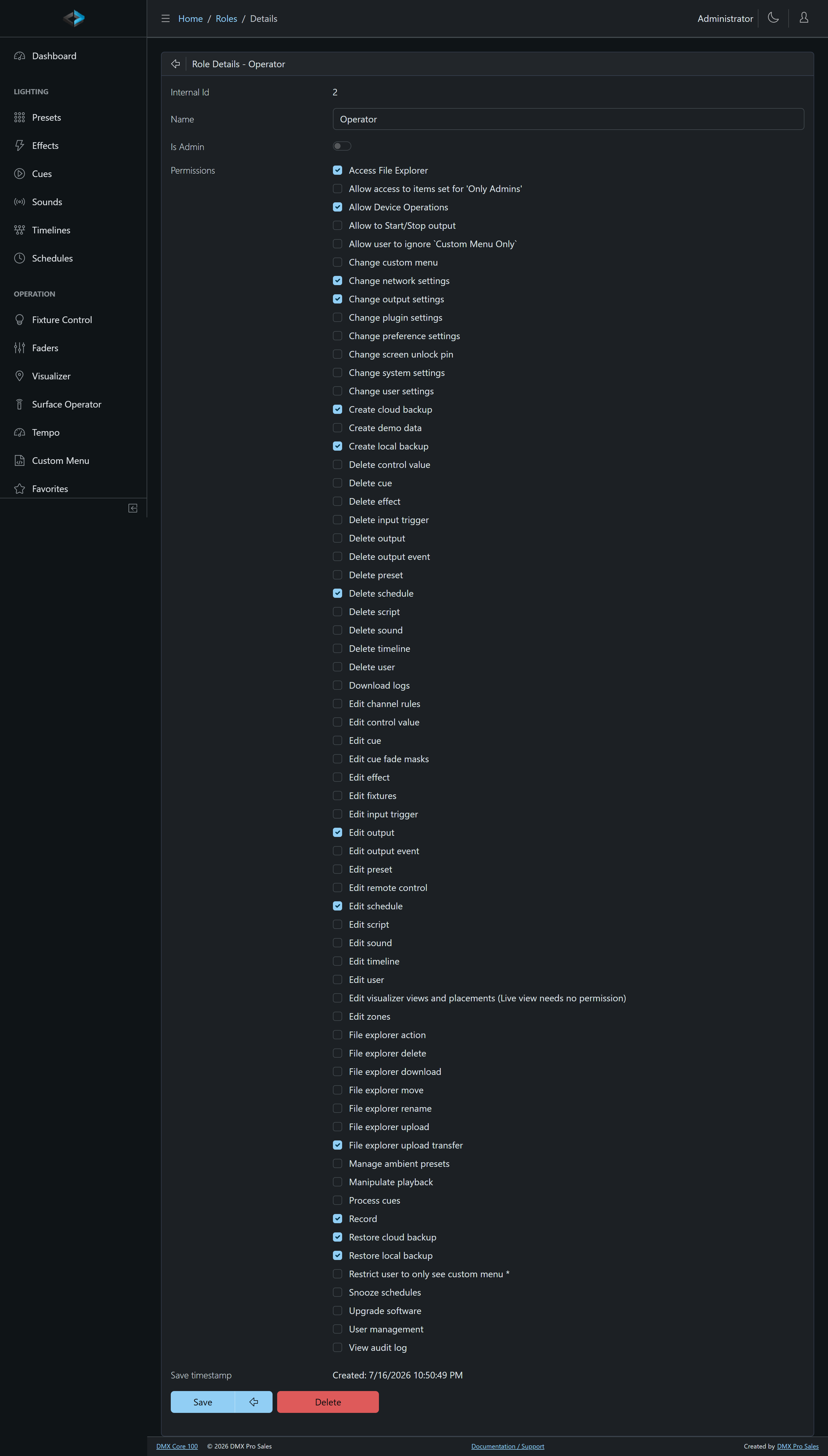 Role editor — Operator permissions