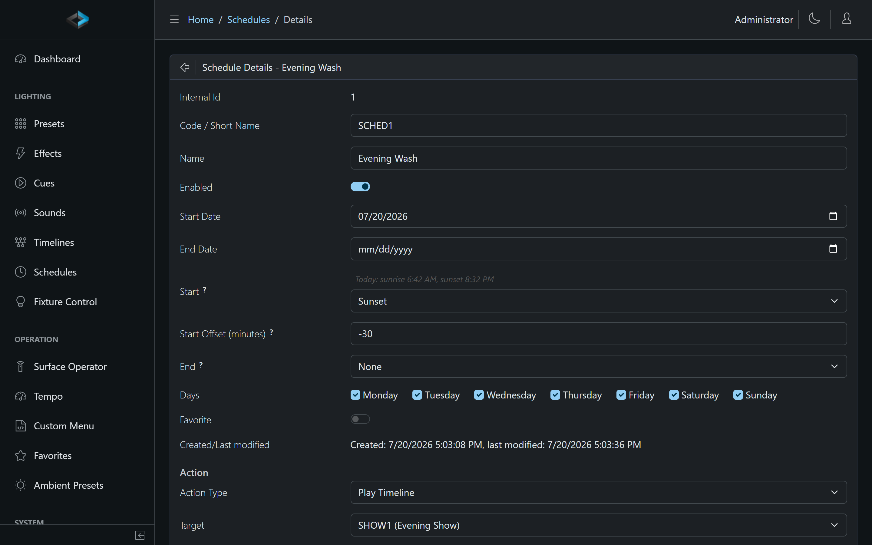 Schedule editor with a sunset start and the sun-times hint
