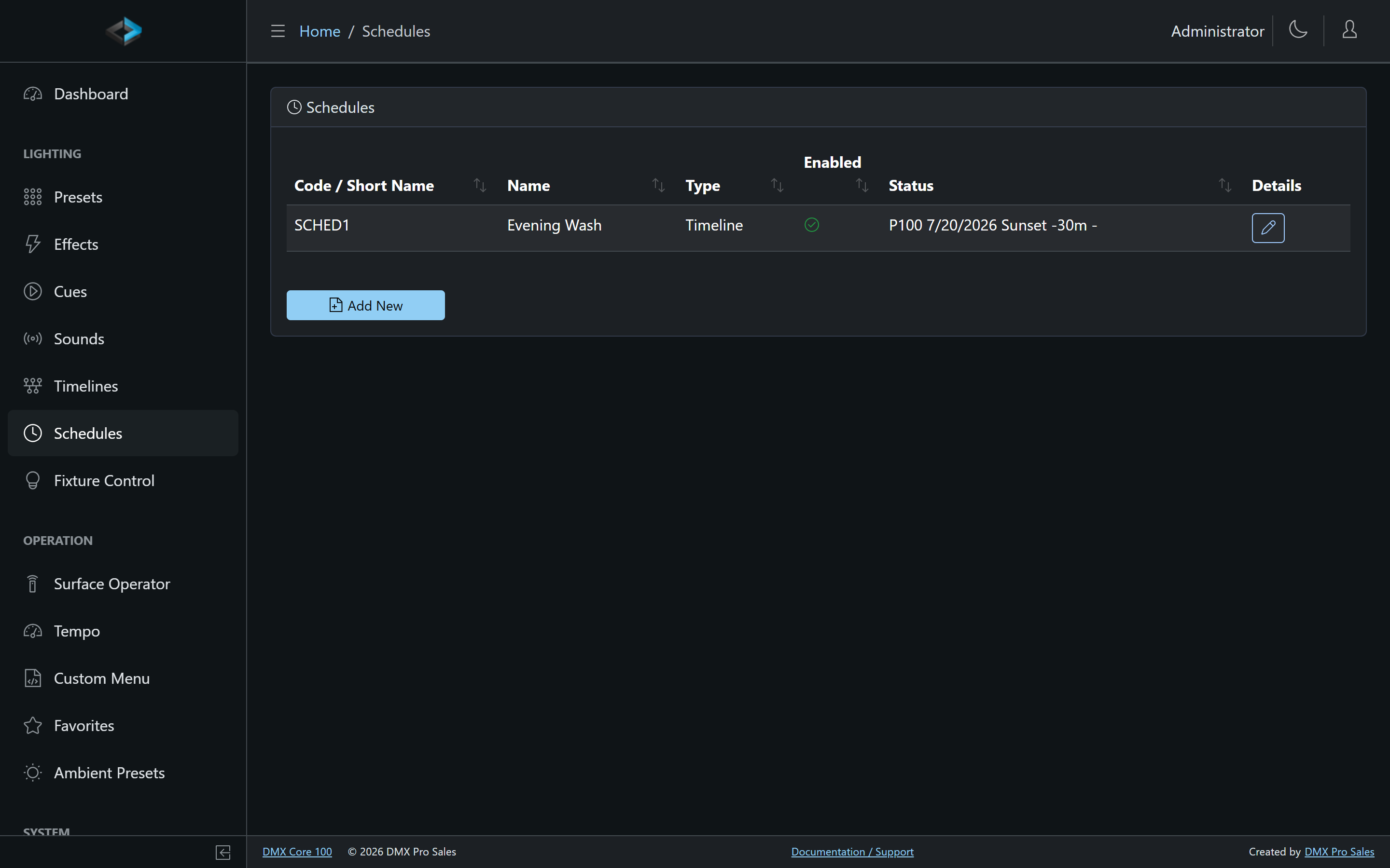Schedules list in the Web UI