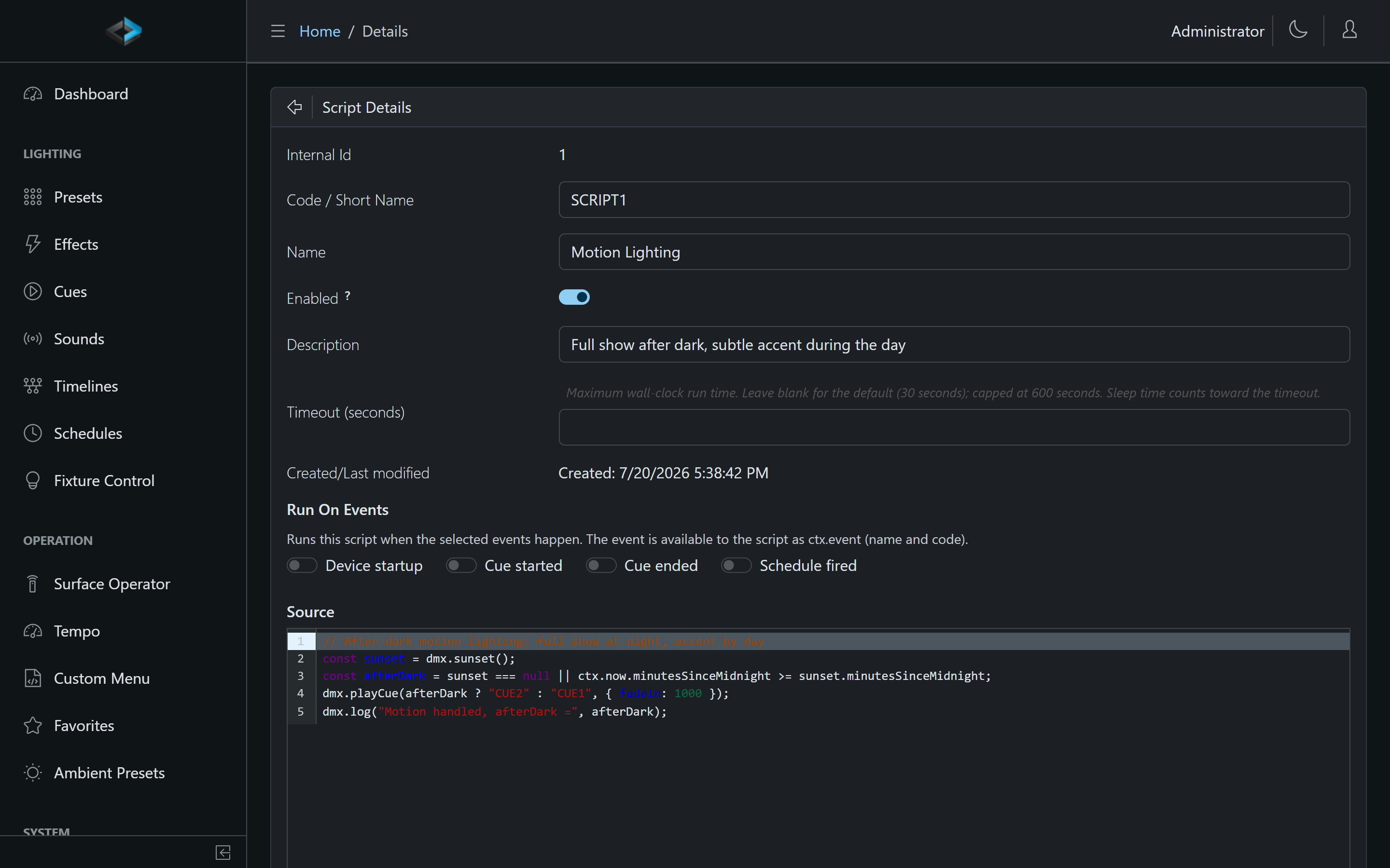 Script editor with the Motion Lighting sample