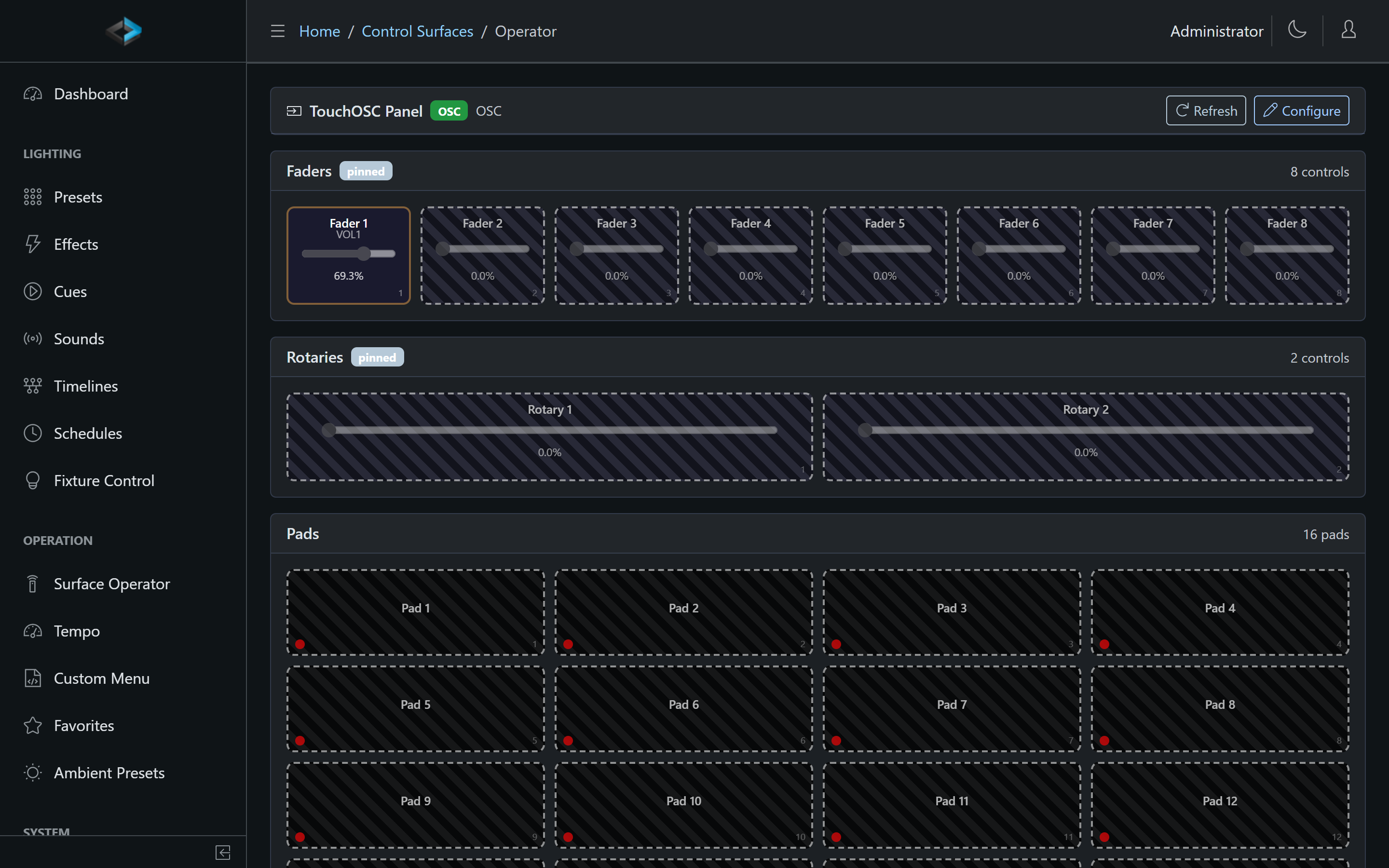 Surface Operator view of a TouchOSC panel — faders, rotaries, and pads