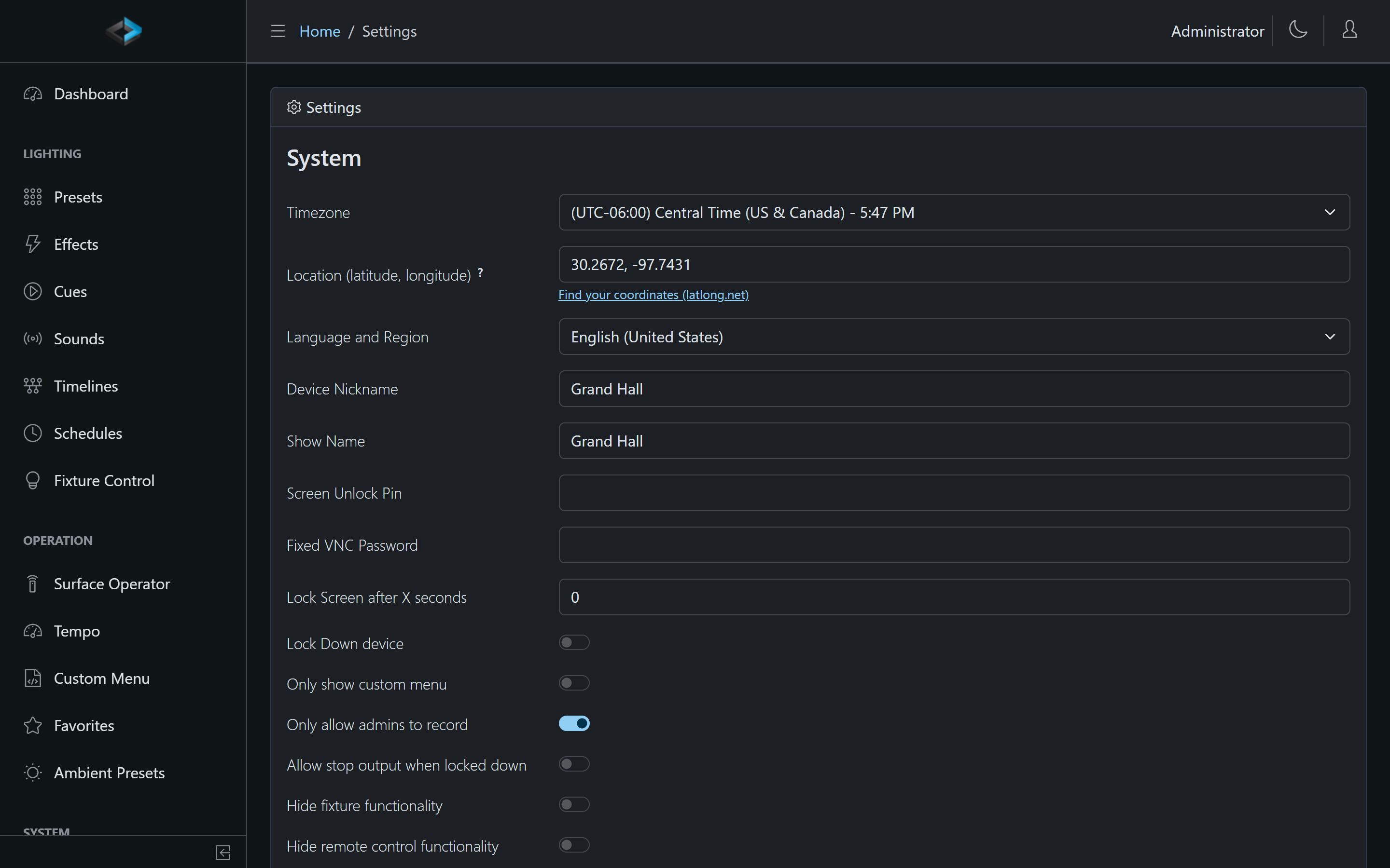 System settings with the device Location field