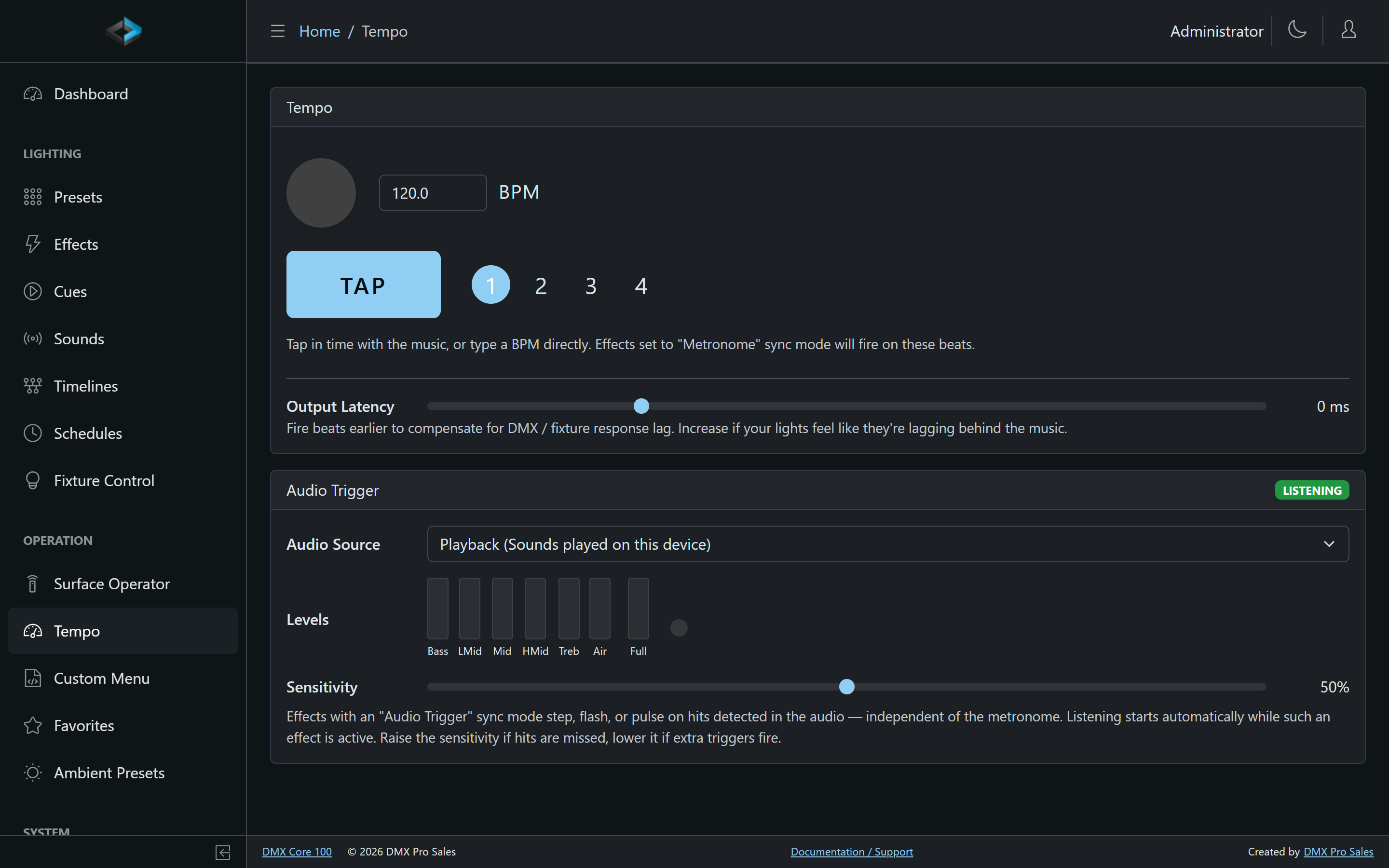 Tempo page — metronome BPM/tap and the audio trigger levels