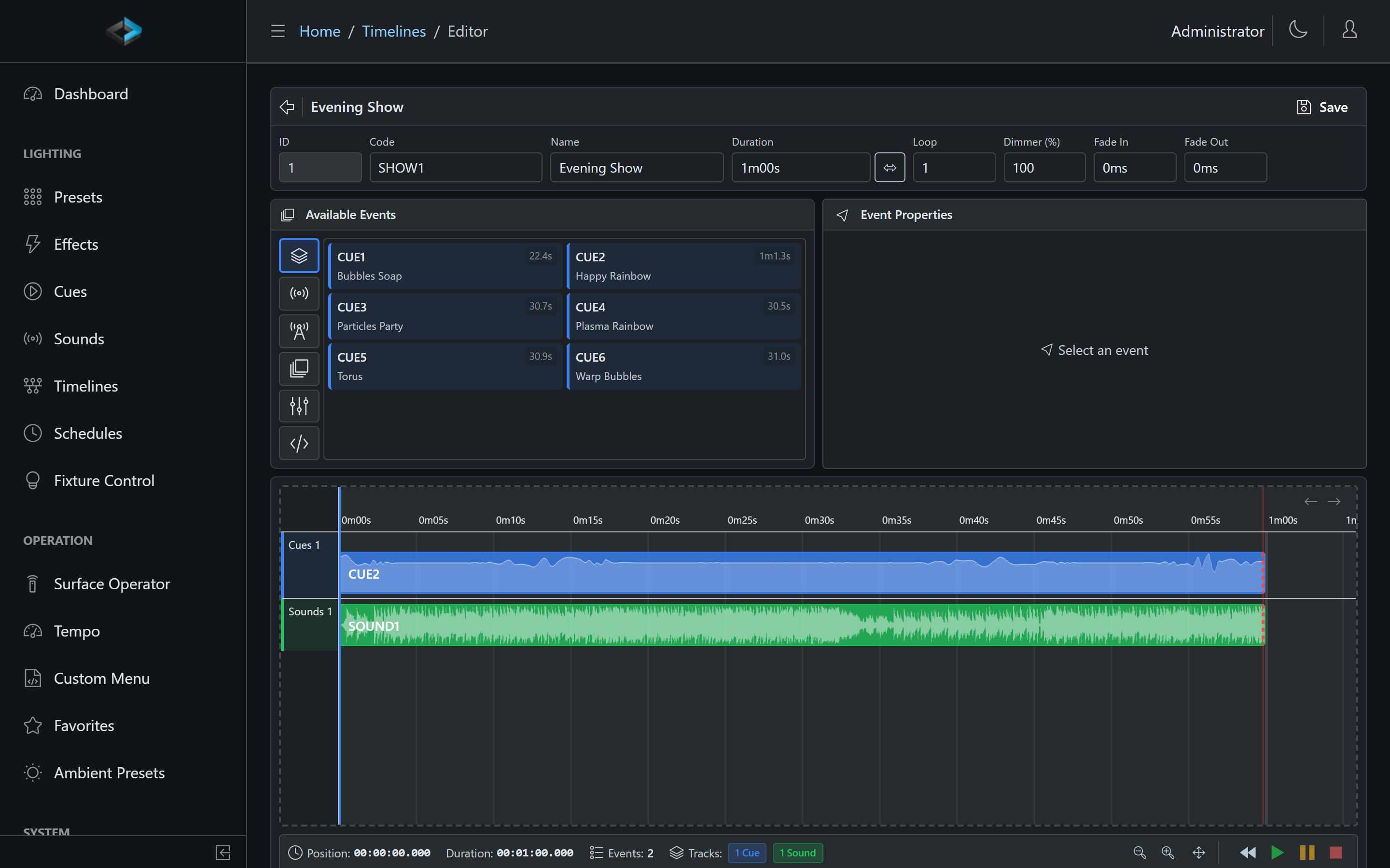 Timeline editor with cue and sound tracks