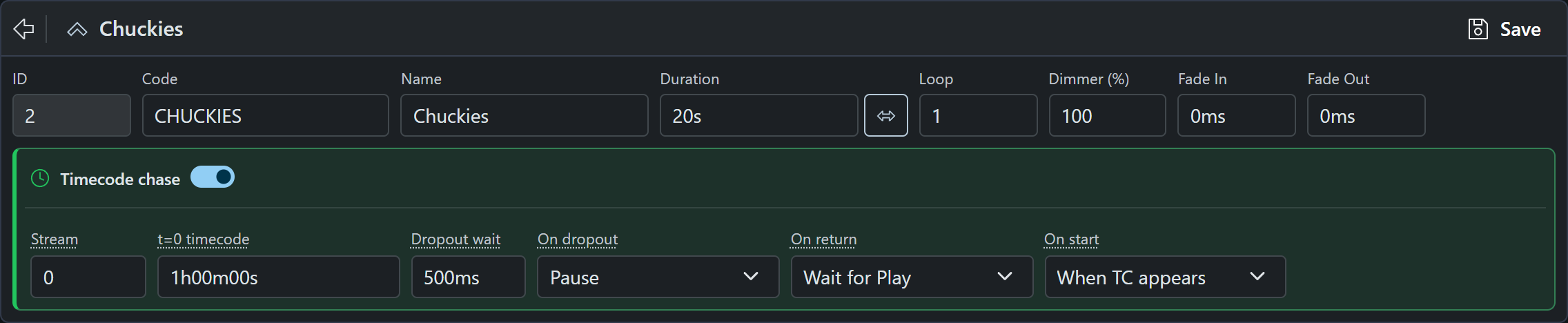 Timeline settings with Timecode chase enabled