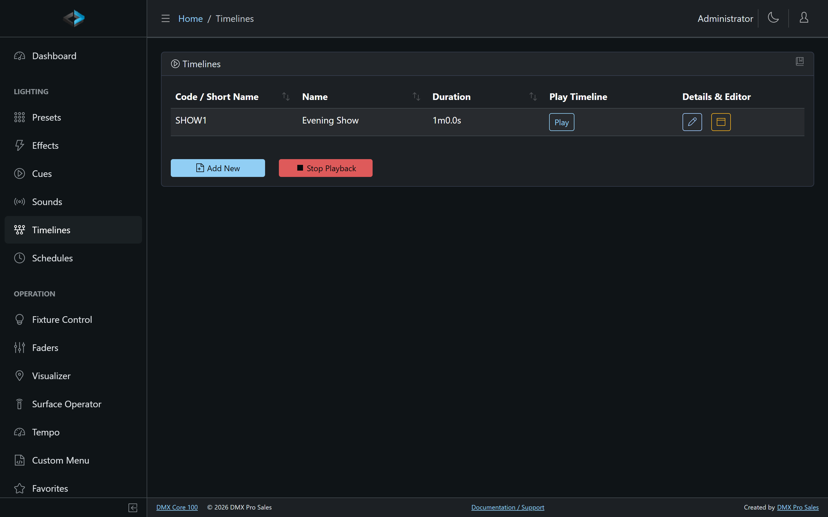 Timelines list in the Web UI