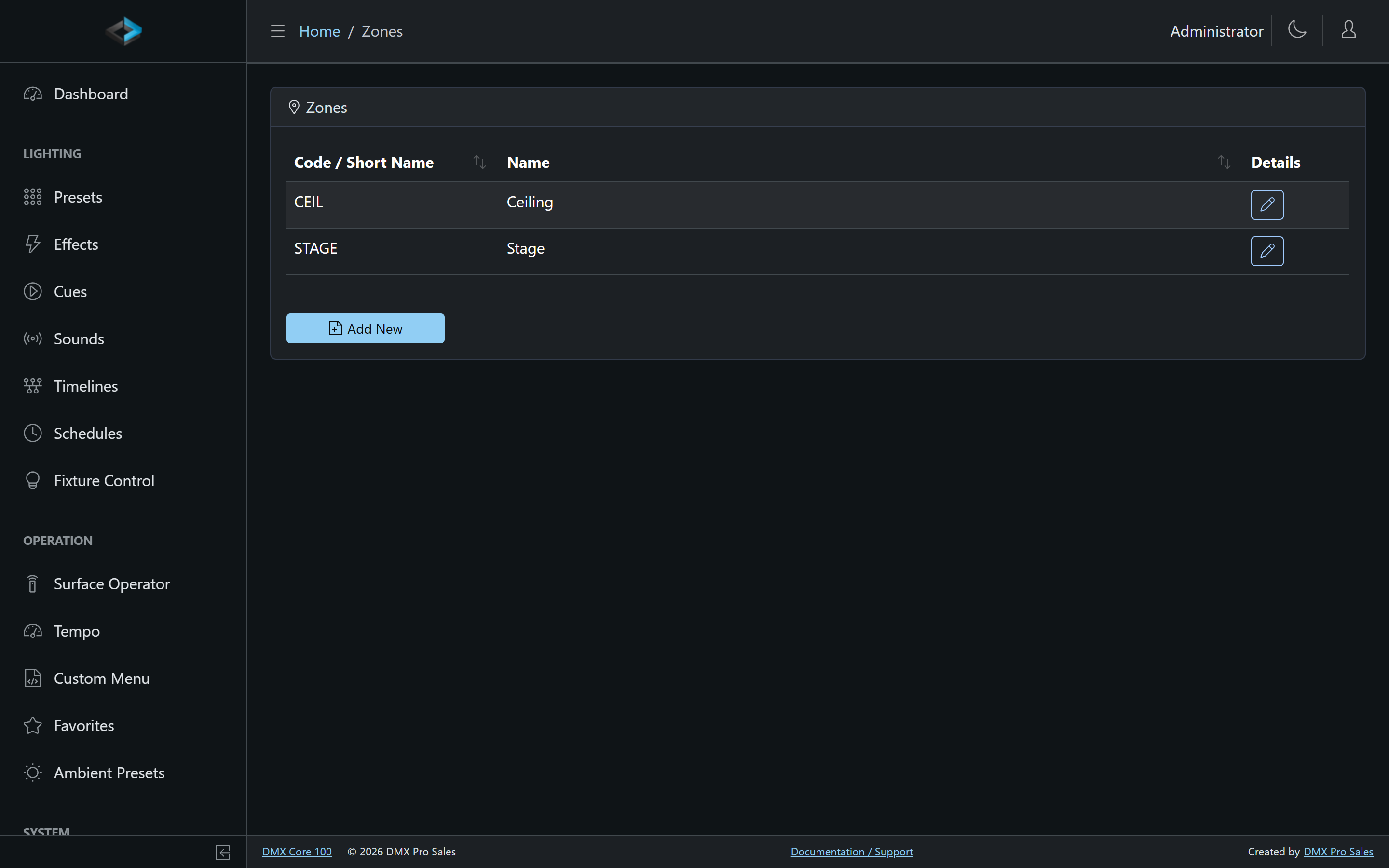 Zones list in the Web UI